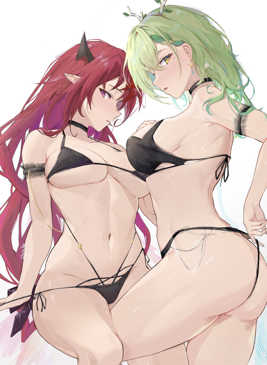 2girls alternate_costume antlers ass bare_shoulders bikini bikini_bottom_lift bikini_bottom_pull bikini_day black_bikini black_choker breasts ceres_fauna choker chyraliss commentary cowboy_shot earrings expressionless green_hair highres hololive hololive_english horns irys_(hololive) jewelry large_breasts long_hair looking_at_viewer mole mole_under_eye multi-strapped_bikini multiple_girls navel parted_lips pink_eyes pointy_ears profile red_hair sideways_glance simple_background star_(symbol) star_earrings swimsuit thong virtual_youtuber white_background yellow_eyes