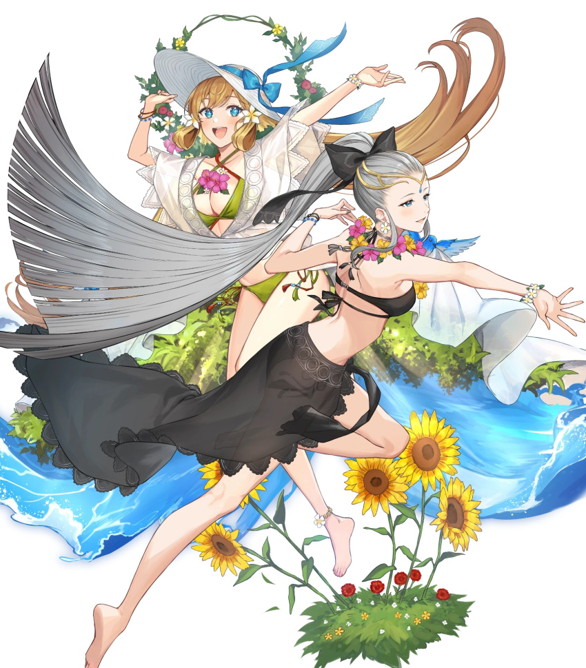 2girls barefoot bikini blonde_hair blue_eyes blush bow bracelet breasts cleavage criss-cross_halter eir_(fire_emblem) eir_(summer)_(fire_emblem) feet fire_emblem fire_emblem_heroes flower grass grey_hair hair_ornament hairbow halterneck haru_(hiyori-kohal) hat high_ponytail highres jewelry leg_up legs long_hair medium_breasts multiple_girls navel non-web_source official_art open_mouth ponytail ribbon sarong see-through smile stomach sun_hat sunflower swimsuit tiara toes transparent_background water ymir_(fire_emblem_heroes) ymir_(summer)_(fire_emblem_heroes)