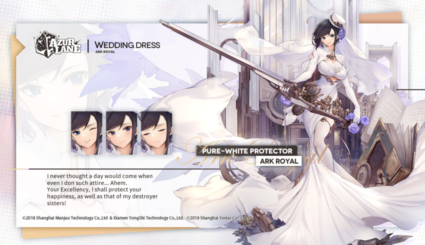 anchor_symbol ark_royal_(azur_lane) ark_royal_(pure-white_protector)_(azur_lane) azur_lane black_hair blue_eyes blue_flower blue_rose book breasts bridal_veil bride cleavage dress english_commentary english_text expressions female flower framed_breasts full_body gloves gun hair_flower hair_ornament hat holding holding_gun holding_weapon large_breasts long_dress looking_at_viewer medium_hair mini_hat mkiiiiii official_alternate_costume official_art open_book promotional_art purple_flower purple_rose rifle rose royal_navy_emblem_(azur_lane) second-party_source skindentation solo veil weapon wedding_dress white_dress white_gloves