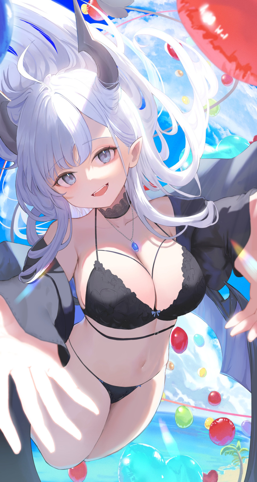 absurdres ahoge balloon bare_shoulders black_bra black_choker black_jacket black_panties blue_eyes borrowed_character bra breasts choker cleavage collarbone daily_(daily178900) demon_girl demon_horns demon_tail demon_wings female floating_hair halterneck highres horns jacket jewelry large_breasts lingerie long_hair looking_at_viewer midair multi-strapped_bra navel necklace oerba_yun_fang off_shoulder open_clothes open_jacket open_mouth original outstretched_arms panties pointy_ears smile solo stomach string_bra string_panties tail thea_(nekojira) thighs underwear very_long_hair white_hair wings