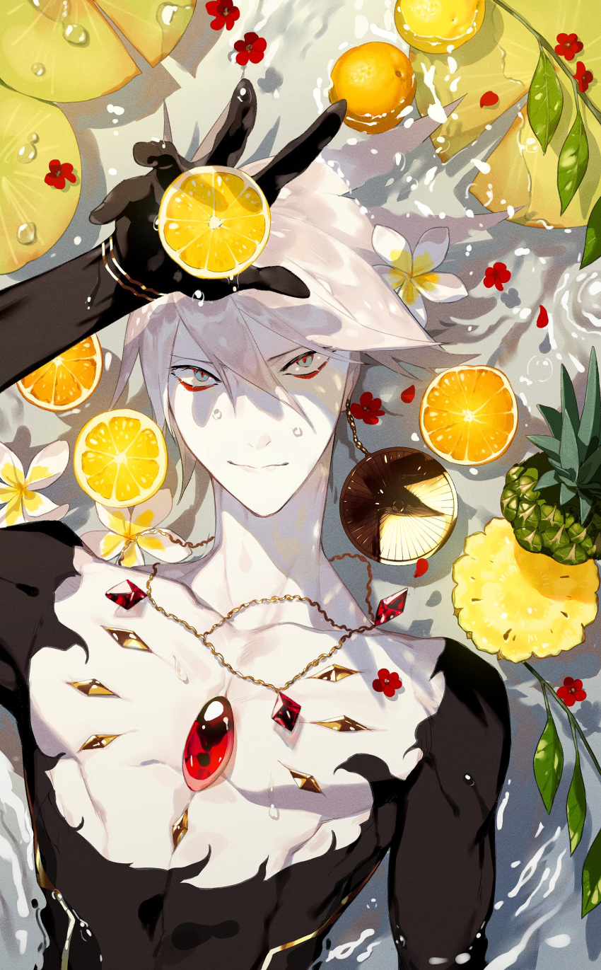 1boy absurdres arm_up black_gloves blue_eyes chest_jewel earrings eyeliner fate/apocrypha fate/extra fate/grand_order fate_(series) flower flower_on_liquid food food-themed_earrings fruit fruit_on_liquid gem gloves grey_hair hair_between_eyes highres jewelry karna_(fate) leaf lily_pad looking_at_viewer makeup male_focus necklace orange-shaped_earrings orange_(fruit) orange_slice orangette pale_skin partially_submerged pineapple pineapple_slice plumeria red_eyeliner red_flower semi_(p-poco) shadow short_hair single_earring solo upper_body water_drop white_flower