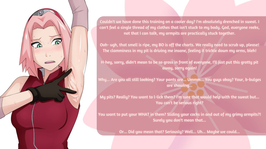 1girls armpit armpit_crease armpit_fetish armpit_peek armpit_pussy armpits arms_behind_back arms_up blushed caption clothed confused dialogue female female_only fetish fully_clothed gatuno gloves kink naruto naruto_shippuden pink_hair sakura_haruno small_breasts smell solo spreading spreading_armpit sweat sweatdrop underarm white_skin