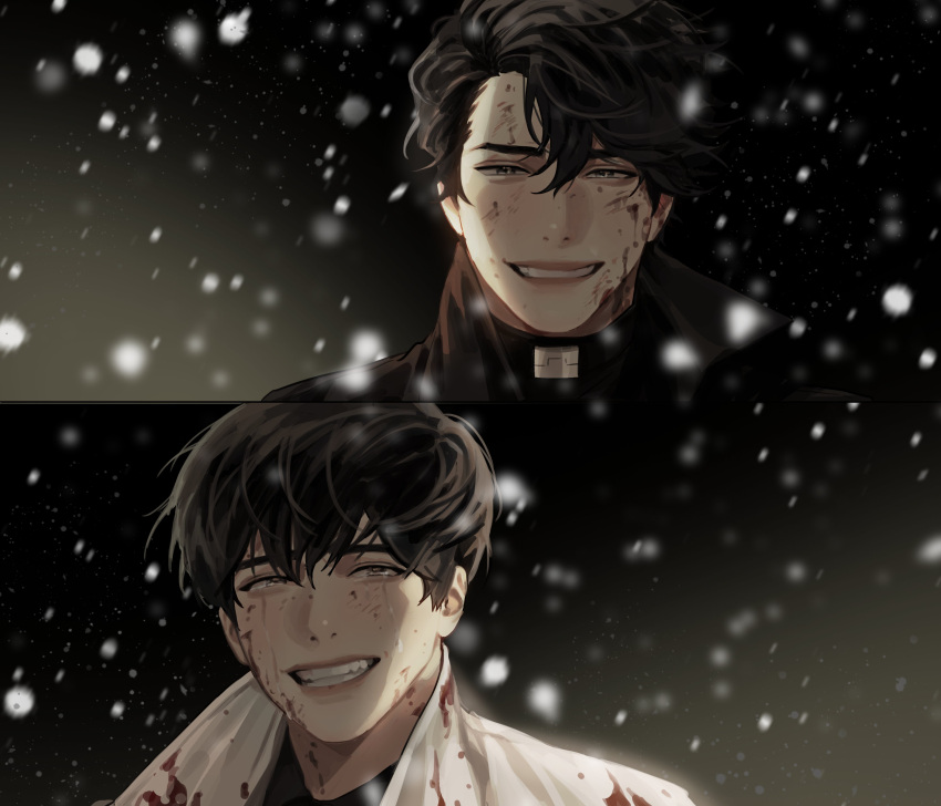 2boys absurdres black_eyes black_hair black_jacket blackbox_(blackbox9158) blood blood_on_clothes blood_on_face dark_background grin highres jacket kim_dokja korean_commentary looking_at_viewer male_focus multiple_boys omniscient_reader's_viewpoint short_hair smile snow tears teeth white_jacket yoo_joonghyuk