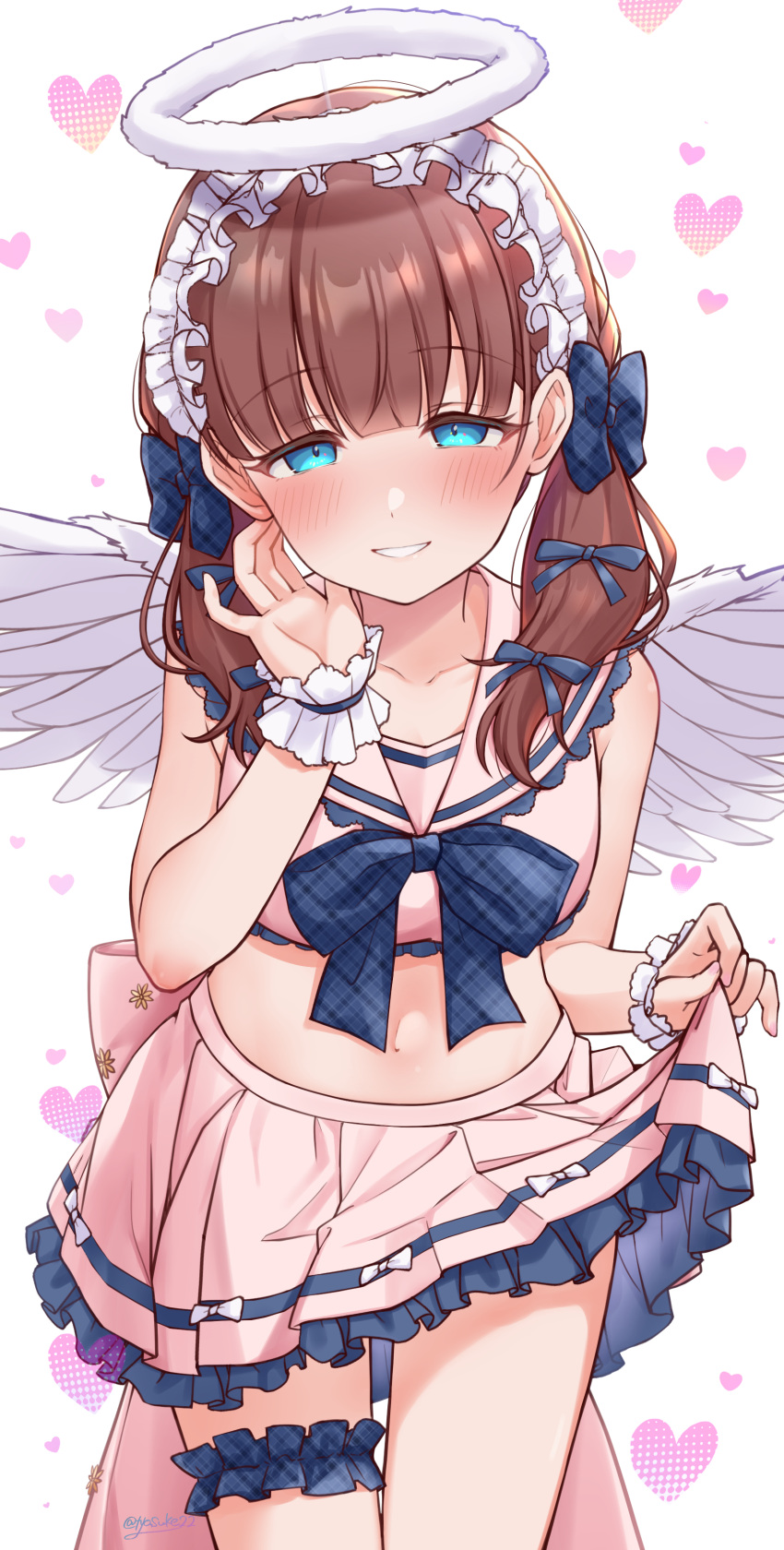 absurdres aqua_eyes blush bow breasts brown_hair chiyosuke_(nosuke21) collarbone cowboy_shot cropped_shirt fake_halo female frilled_hairband frills fur_halo hairband hairbow halo heart heart_background highres idolmaster idolmaster_cinderella_girls idolmaster_cinderella_girls_starlight_stage leaning_forward looking_at_viewer medium_breasts midriff navel petticoat pleated_skirt sakuma_mayu shirt skirt skirt_hold sleeveless sleeveless_shirt smile solo thigh_strap twintails wrist_cuffs