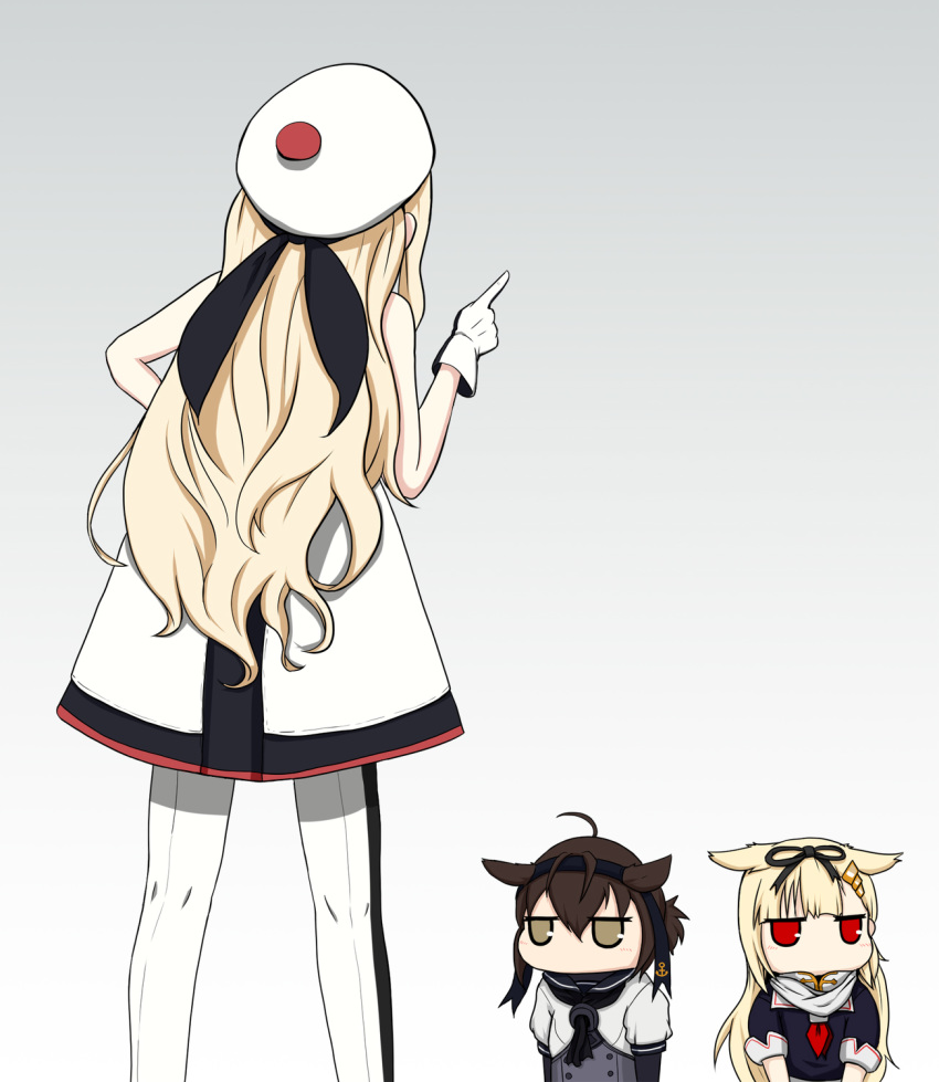 3girls anchor_print animal_ears beret black_bodysuit black_gloves black_hair black_ribbon black_sailor_collar black_serafuku black_skirt blonde_hair blush bodysuit brown_eyes chibi commentary_request crawling dress gloves gradient_background hachimaki hair_between_eyes hair_flaps hair_ornament hair_ribbon hairclip hat hatsuzuki_(kancolle) headband highres kantai_collection long_hair multiple_girls pom_pom_(clothes) puffy_short_sleeves puffy_sleeves red_eyes ribbon richelieu_(kancolle) sailor_collar school_uniform serafuku shadow shoes short_hair short_sleeves simple_background skirt white_gloves white_sailor_collar yakuto007 yuudachi_(kancolle) yuudachi_kai_ni_(kancolle)