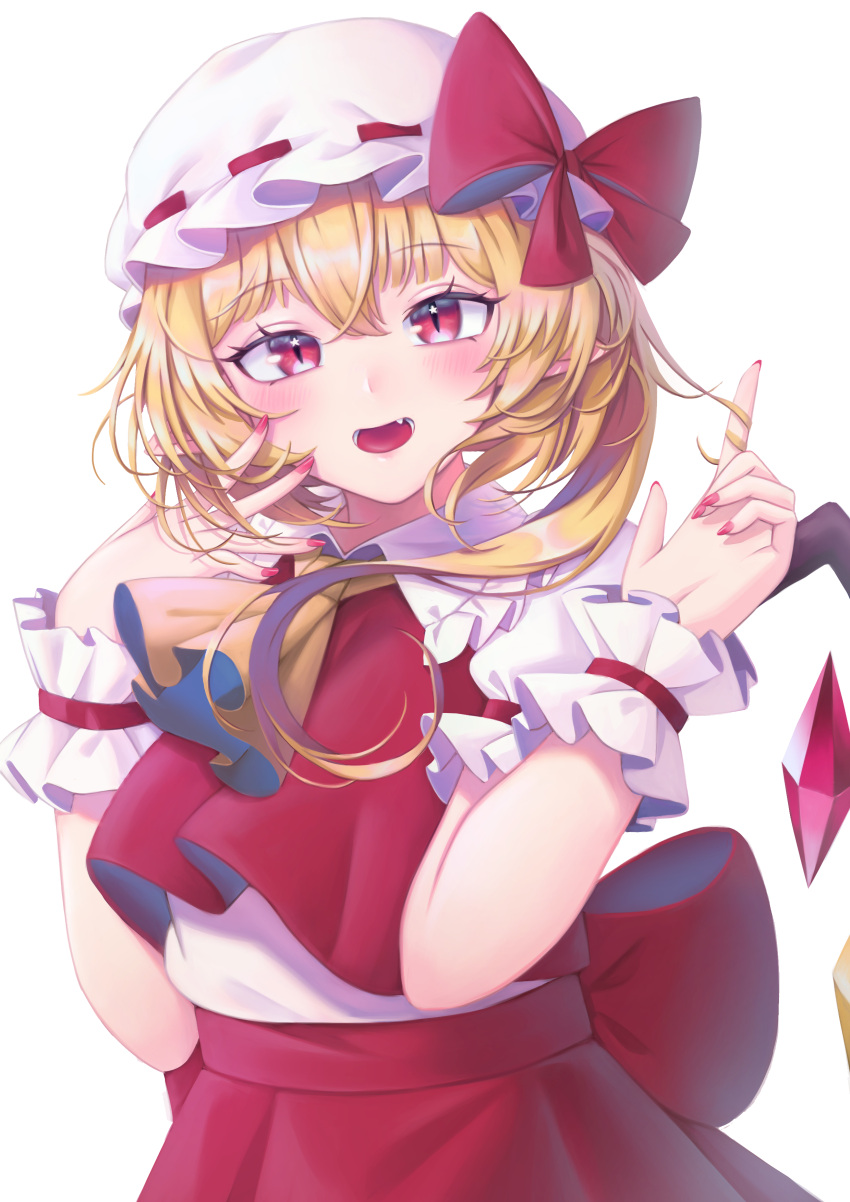 :d absurdres ascot back_bow blonde_hair blush bow commentary_request crystal fat123 female flandre_scarlet frilled_shirt_collar frills hair_between_eyes hand_on_own_cheek hand_on_own_face hands_up hat hat_bow head_tilt highres index_finger_raised looking_at_viewer mob_cap nail_polish oerba_yun_fang one_side_up open_mouth pointy_ears puffy_short_sleeves puffy_sleeves red_bow red_eyes red_nails red_skirt red_vest short_sleeves simple_background skirt slit_pupils smile solo star_(symbol) star_in_eye symbol_in_eye touhou twirling_hair upper_body vest white_background white_hat wings wrist_cuffs yellow_ascot