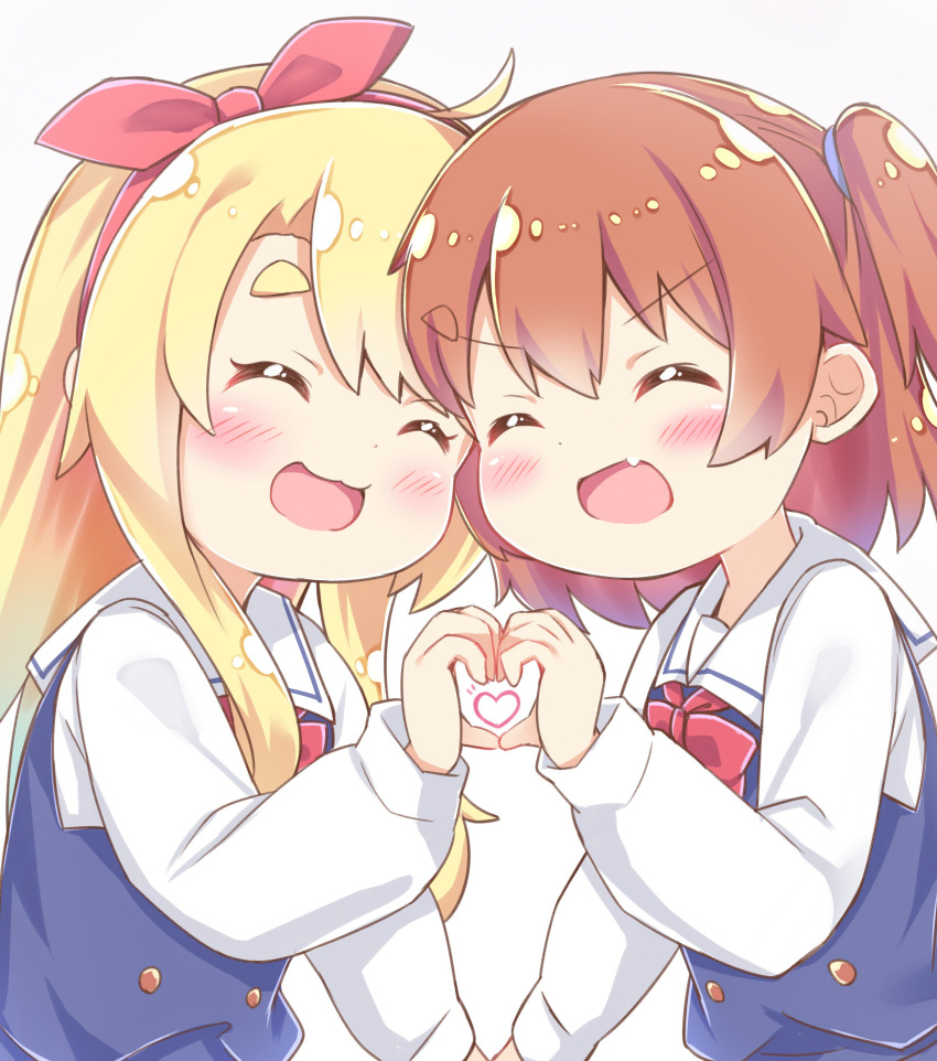 2girls :3 :d ^_^ absurdres ahoge blonde_hair blue_dress blush bow bow_hairband brown_hair closed_eyes collared_shirt commentary_request couple dress esureki hair_tie hairband heart heart_hands heart_hands_duo highres himesaka_noa hoshino_hinata lolicon long_hair long_sleeves multiple_girls oerba_yun_fang open_mouth pinafore_dress red_bow red_hairband sailor_collar sailor_dress school_uniform shirt simple_background skin_fang sleeveless sleeveless_dress smile thick_eyebrows upper_body watashi_ni_tenshi_ga_maiorita! white_background white_sailor_collar white_shirt yuri