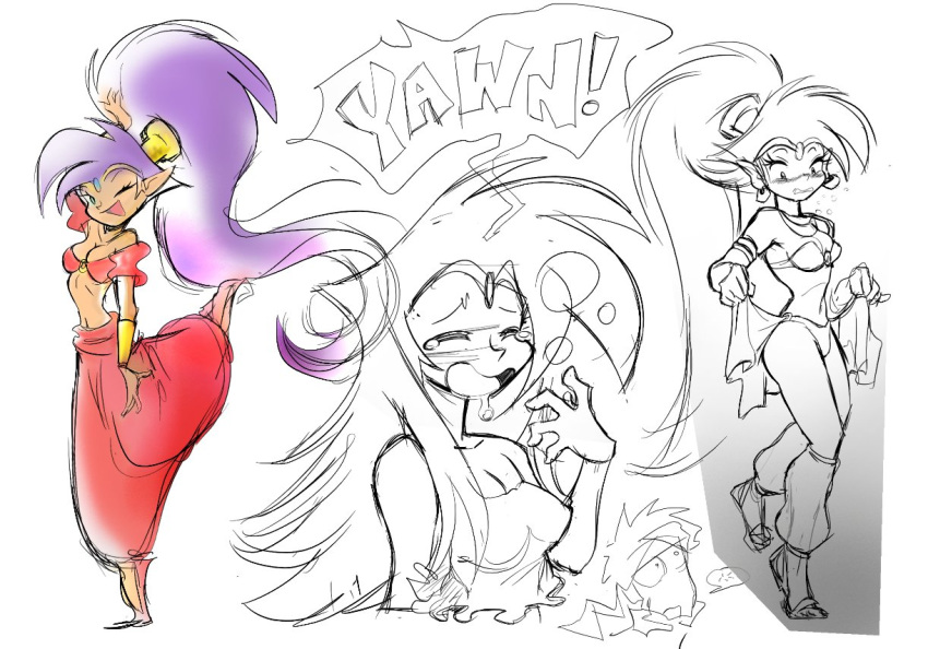 2023 bolo_(shantae) breasts clothing duo english_text female genie hair human humanoid humanoid_pointy_ears male mammal mkmaffo one_eye_closed open_mouth open_smile ponytail pose purple_hair shantae shantae_(series) simple_background smile text wayforward wink yawn