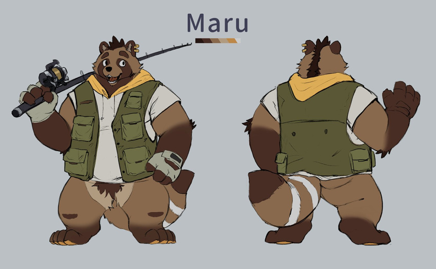 2022 anthro brown_body canid canine clothing fishing_rod hi_res hoodie humanoid_hands kemono male mammal model_sheet overweight overweight_male raccoon_dog racoonwolf simple_background solo tanuki topwear