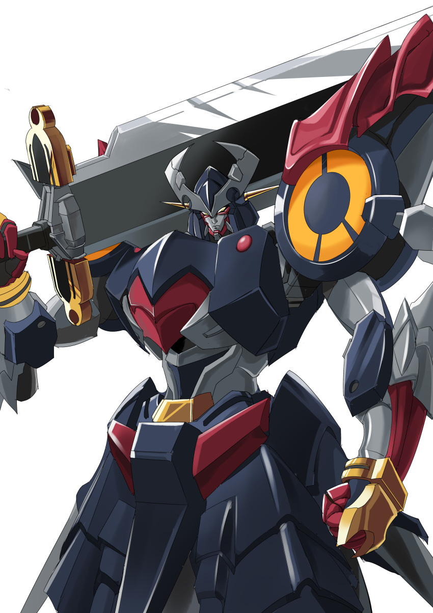 absurdres clenched_hand dygenguar highres holding holding_sword holding_weapon looking_ahead mecha no_humans over_shoulder robot science_fiction solo super_robot super_robot_wars super_robot_wars_original_generation sword v-fin weapon weapon_over_shoulder white_background zankantou zuolun_cannon