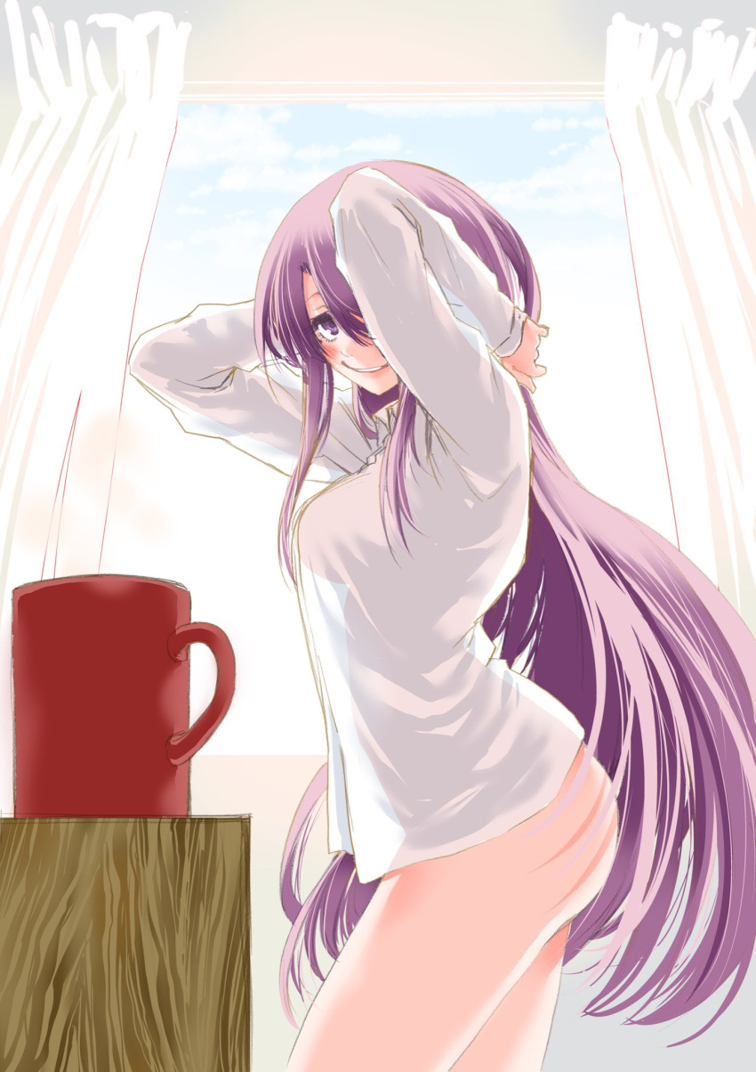 arms_behind_head arms_up ass breasts cup curtains feet_out_of_frame female hair_over_one_eye highres indoors jitsu_wa_watashi_wa large_breasts long_hair looking_at_viewer masuda_eiji mole mole_under_eye mug naked_shirt official_art parted_bangs parted_lips profile purple_eyes purple_hair see-through see-through_shirt shirt shishido_shiho smile solo standing thighs very_long_hair white_shirt