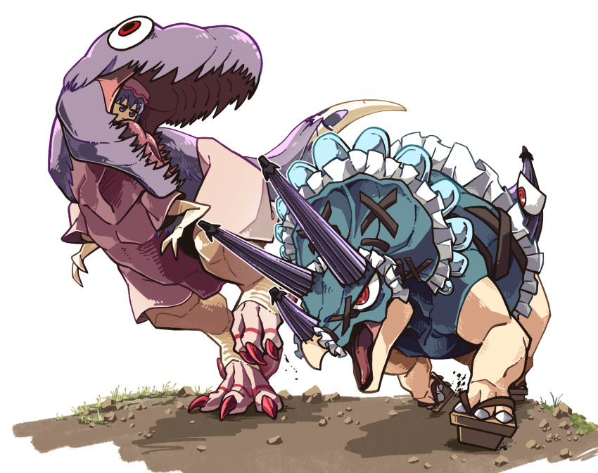 amerika_zarigani animalization commentary_request cookie_(touhou) dinosaur female full_body geta grass hat highres hisaka_(cookie) horns mioto_(cookie) mob_cap open_mouth pink_headwear purple_eyes purple_hair purple_umbrella red_eyes remilia_scarlet rock running short_hair tatara_kogasa touhou triceratops tyrannosaurus_rex umbrella white_background