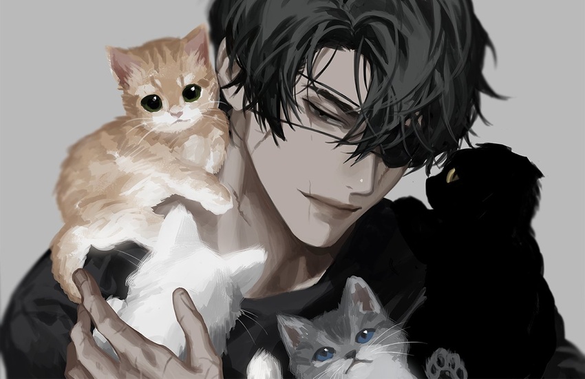 1boy animal black_hair black_shirt blackbox_(blackbox9158) commentary eyepatch feline grey_background grey_eyes holding holding_animal holding_cat kitten looking_at_another male_focus omniscient_reader's_viewpoint portrait scar shirt short_hair smile solo spoilers symbol-only_commentary yoo_joonghyuk