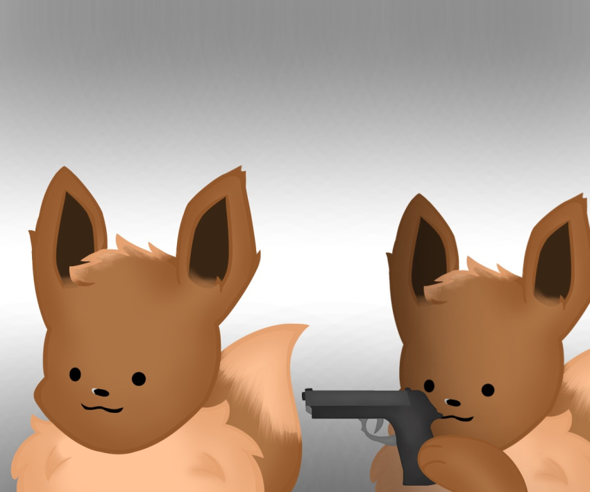 2019 6:5 :3 ambiguous_gender beretta beretta_92 brown_body brown_fur duo eevee feral fur generation_1_pokemon gun holding_object holding_weapon humor joke mammal meme nintendo pokemon pokemon_(species) ranged_weapon semi-anthro tattlekat weapon