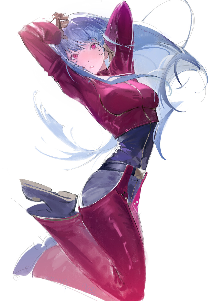 :o absurdres arms_up belt black_bodysuit blue_hair blunt_bangs bodysuit breasts female floating_hair full_body highres jacket kula_diamond kurikabacha looking_at_viewer medium_breasts pants red_eyes red_jacket red_pants simple_background solo straight_hair the_king_of_fighters