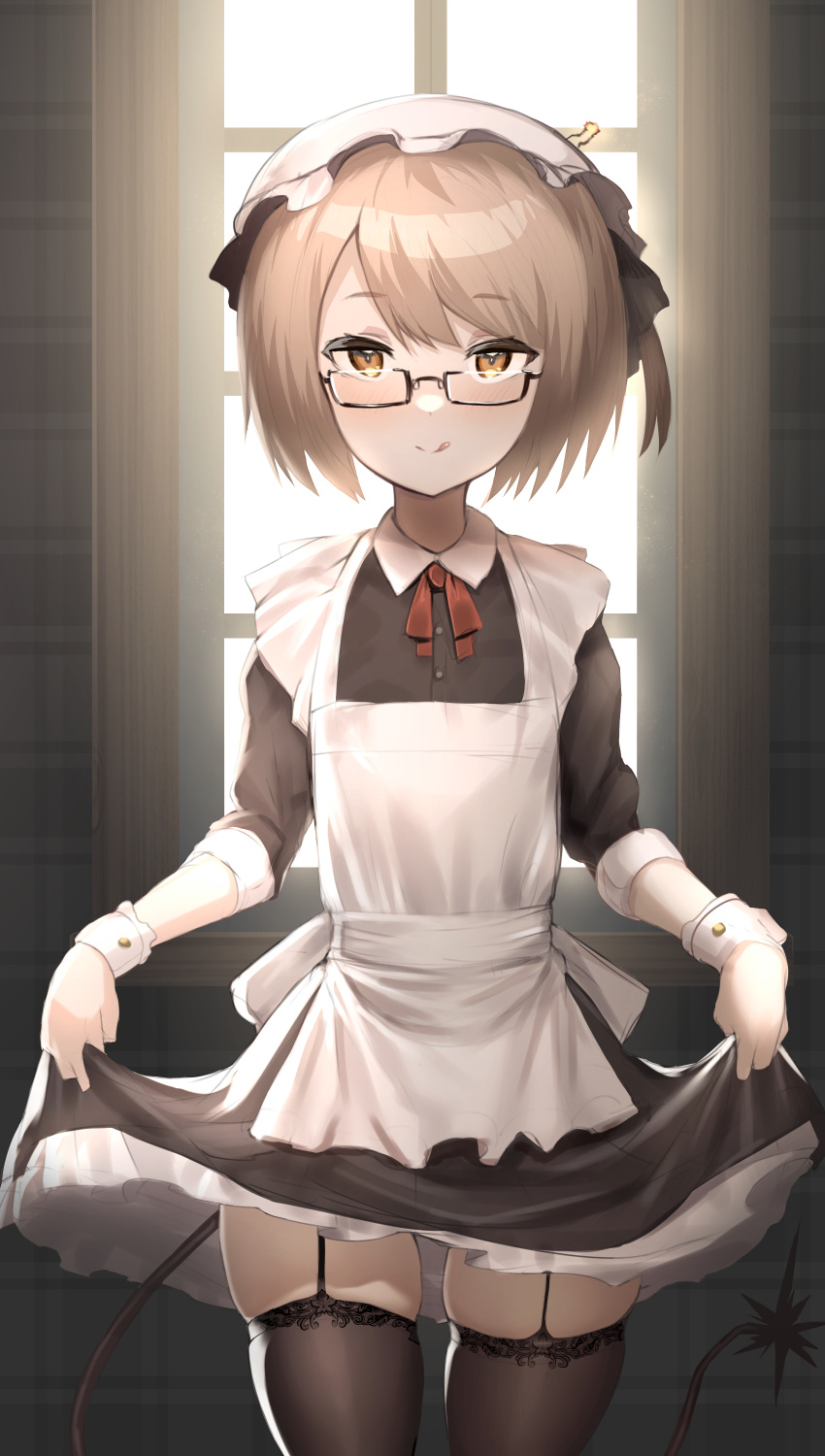 :q absurdres apron black_dress blush brown_eyes brown_hair brown_thighhighs closed_mouth cowboy_shot dress female garter_straps glasses hat highres indoors long_sleeves looking_at_viewer maid maid_apron medium_hair neck_ribbon red_ribbon ribbon sanpaku semi-rimless_eyewear skindentation skirt_hold smile solo tail thighhighs tongue tongue_out under-rim_eyewear unizou viprpg white_apron window