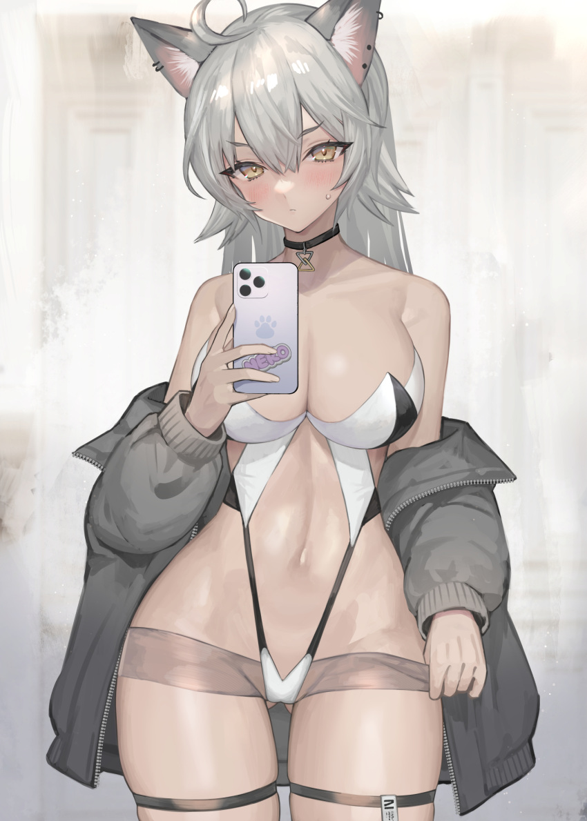 :/ ahoge animal_ear_fluff animal_ears ass_visible_through_thighs bare_shoulders black_choker black_jacket blush breasts brown_eyes cellphone choker cleavage closed_mouth clothing_cutout commentary cowboy_shot ear_piercing female grey_hair hair_between_eyes hand_up highleg highleg_leotard highres hitowa holding holding_phone jacket large_breasts leotard long_hair long_sleeves looking_at_viewer micro_shorts navel off_shoulder open_clothes open_jacket original pendant_choker phone piercing shorts shorts_tug smartphone solo stomach stomach_cutout strapless strapless_leotard sweatdrop symbol-only_commentary thigh_strap thighs two-tone_leotard unzipped v-shaped_eyebrows white_leotard zipper_pull_tab