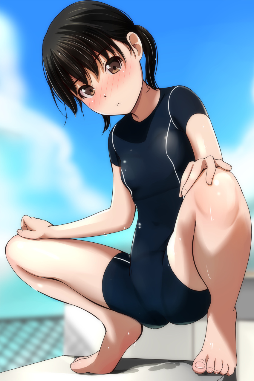 absurdres barefoot black_hair black_one-piece_swimsuit blurry blurry_background blush breasts brown_eyes chain-link_fence cloud commentary competition_swimsuit diving_block female fence hands_on_own_legs highres looking_at_viewer loose_hair_strand matsunaga_kouyou nose_blush one-piece_swimsuit original outdoors parted_lips short_twintails sky small_breasts solo spread_legs squatting swimsuit twintails