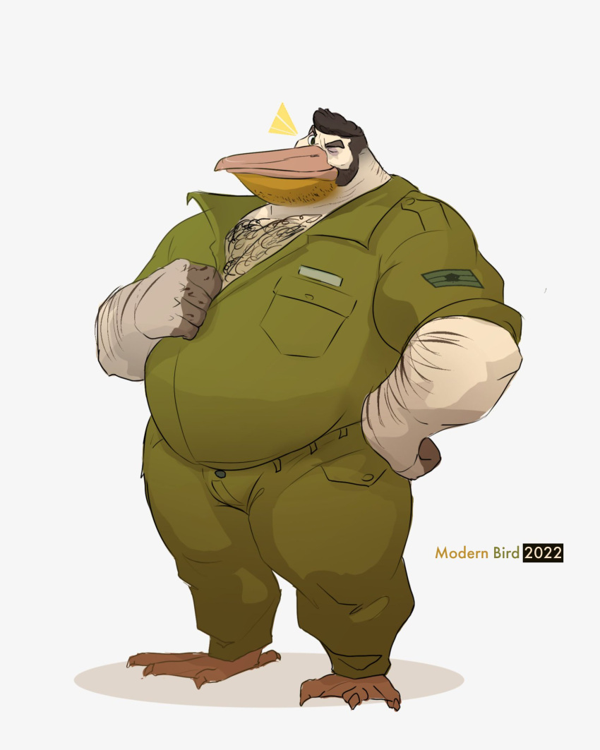 anthro avian bird clothing english_text hi_res ira_(modern_bird) jumpsuit male military_uniform modern_bird musclegut muscular one_eye_closed overweight overweight_male pelecaniform pelican solo text uniform wink