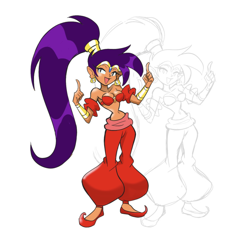 2023 breasts clothing ear_piercing ear_ring female footwear genie hair hi_res humanoid humanoid_pointy_ears long_hair mkmaffo not_furry open_mouth piercing ponytail ring_piercing shantae shantae_(series) shoes simple_background solo tan_body tan_skin wayforward