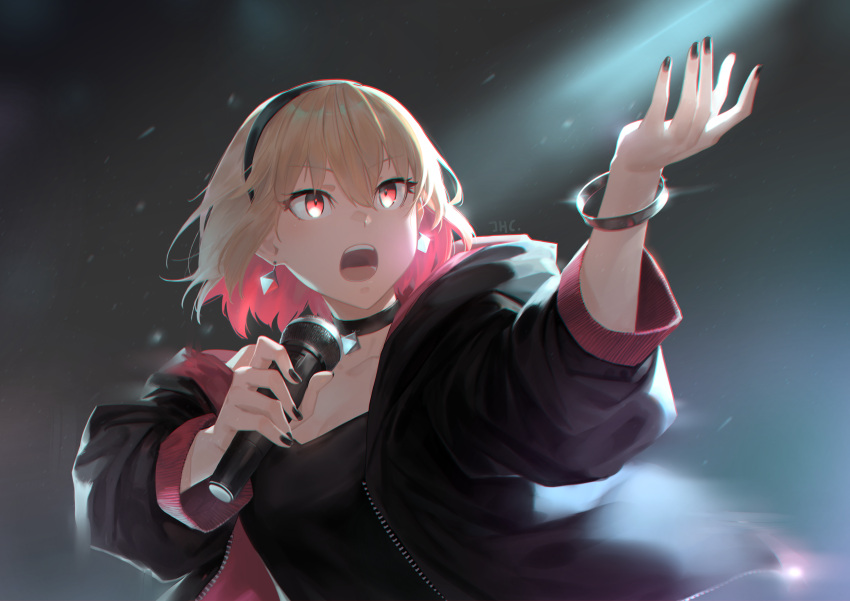 ashizawa_saki black_choker black_hairband black_jacket black_nails black_shirt blonde_hair breasts choker collarbone colored_inner_hair earrings female hair_between_eyes hairband highres holding holding_microphone jacket jewelry jhc_kai long_sleeves medium_breasts microphone multicolored_hair music octahedron open_clothes open_jacket open_mouth pink_hair red_eyes riot_music shirt short_hair singing solo stage_lights virtual_youtuber zipper