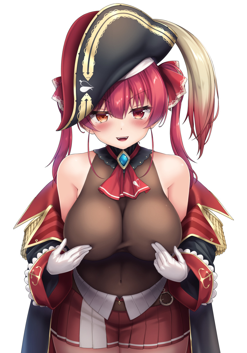 absurdres ascot bare_shoulders bicorne breasts cleavage female gloves hat heterochromia highres hololive houshou_marine houshou_marine_(1st_costume) large_breasts leotard leotard_under_clothes long_hair nipple_press nipple_stimulation pirate_hat red_ascot red_eyes red_hair sleeveless sleeveless_jacket solo tousaki_(tousakiworks) virtual_youtuber yellow_eyes