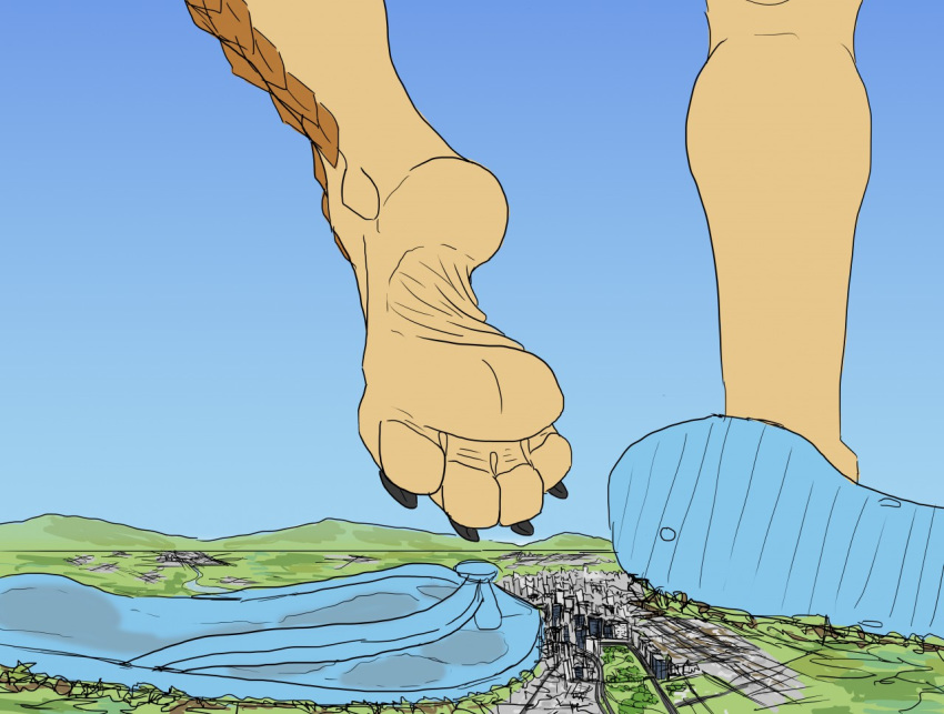 4_toes anthro big_feet black_toe_claws city claws clothing crush destruction feet flip_flops foot_focus footwear giga landscape_dwarfing macro mammal pangolin ralerin sandals shaddaboop soles toe_claws toes