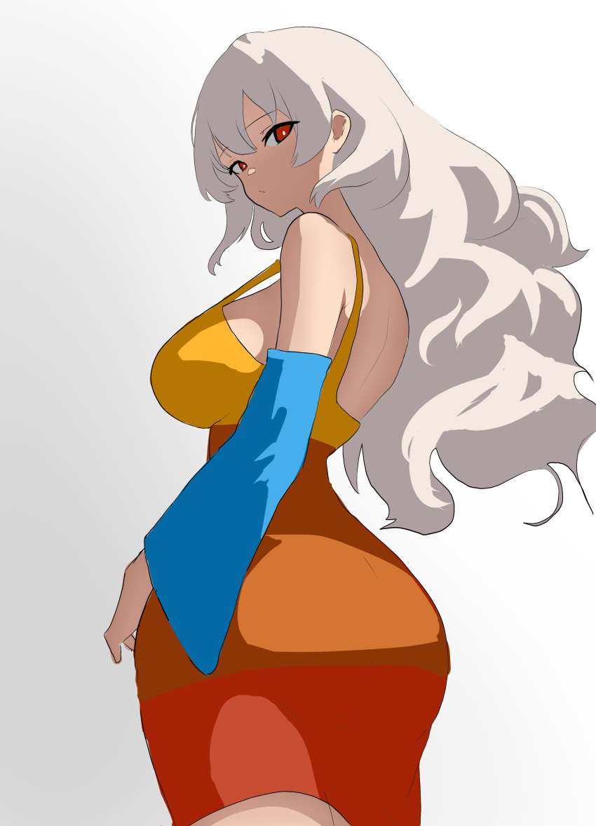 absurdres bare_shoulders blue_sleeves breasts closed_mouth dated_commentary detached_sleeves dress female grey_hair highres large_breasts long_hair looking_at_viewer looking_back moriforest1040 multicolored_clothes multicolored_dress orange_dress red_dress red_eyes sakata_nemuno sideboob single_strap solo touhou wavy_hair white_background yellow_dress