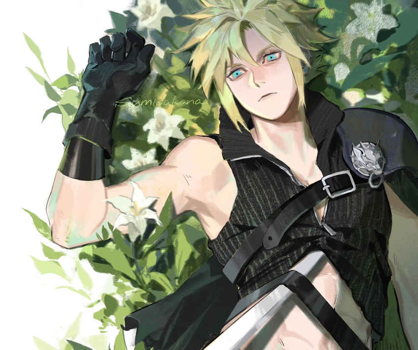 1boy aqua_eyes armor artist_name black_gloves black_vest blonde_hair chest_strap cloud_strife detached_sleeves final_fantasy final_fantasy_vii final_fantasy_vii_advent_children flower flower_bed gloves hair_between_eyes highres lily_(flower) lying male_focus masamune_(ff7) on_back popped_collar short_hair shoulder_armor single_bare_shoulder single_shoulder_pad solo spiked_hair sumisakana upper_body vest