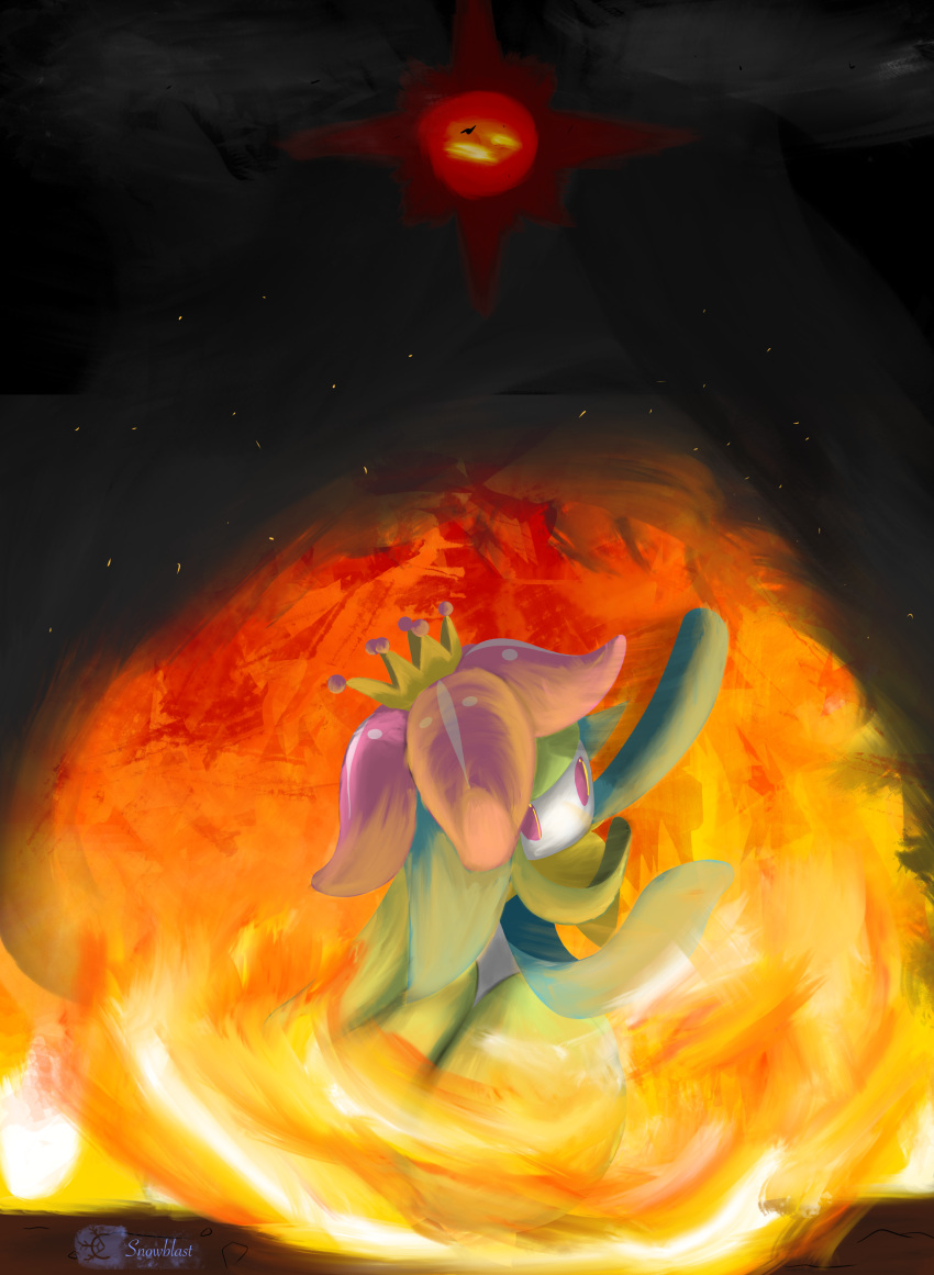 absurd_res angry attacking_viewer dancing female fire front_view generation_5_pokemon hi_res lilligant looking_at_viewer nintendo pokemon pokemon_(species) red_sun smoke snowblast solo sparks sun