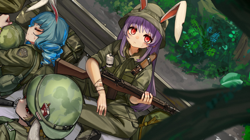 3girls absurdres animal_ears assault_rifle backpack bag bandaged_arm bandages battle_rifle belt blonde_hair blood blood_stain blue_hair boots branch bruise bruise_on_face camouflage camouflage_headwear canteen chinese_commentary cigarette_pack closed_eyes closed_mouth collared_shirt combat_boots combat_helmet combat_knife commentary crossed_legs dutch_angle expressionless fern flask floppy_ears green_pants green_shirt gun helmet highres holding holding_gun holding_helmet holding_weapon injury jungle knife kourou_(kouroukun) load_bearing_equipment looking_at_viewer looking_to_the_side m14 m16 m1_helmet military military_uniform multiple_girls nature neck pants purple_hair rabbit_ears rabbit_girl red_eyes reisen_udongein_inaba rifle ringo_(touhou) seiran_(touhou) sheath sheathed shirt sitting sleeping smoke_grenade sweatdrop touhou uniform vietnam_war weapon