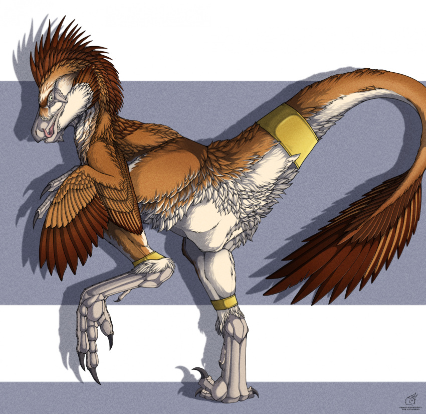 2024 accessory ambiguous_gender artist_name brown_body brown_feathers brown_tail claws colored dinosaur dromaeosaurid english_text feathered_dinosaur feathered_diva feathered_scalie feathered_wings feathers featureless_crotch feral furgonomics hi_res jewelry leg_bracelet licking licking_lips licking_own_lips looking_at_viewer looking_back looking_back_at_viewer prehistoric_species raised_leg reptile scalie tail tail_accessory tail_bracelet tail_jewelry text theropod toe_claws tongue utahraptor white_body white_feathers wings