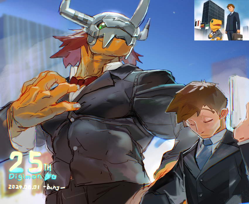 absurd_res anthro armor bandai_namco bow_tie brown_hair clothing digimon digimon_(species) duo glacier_up_sun green_eyes hair headgear helmet hi_res human male mammal muscular muscular_anthro muscular_male necktie orange_body pecs red_hair suit taichi_kamiya wargreymon