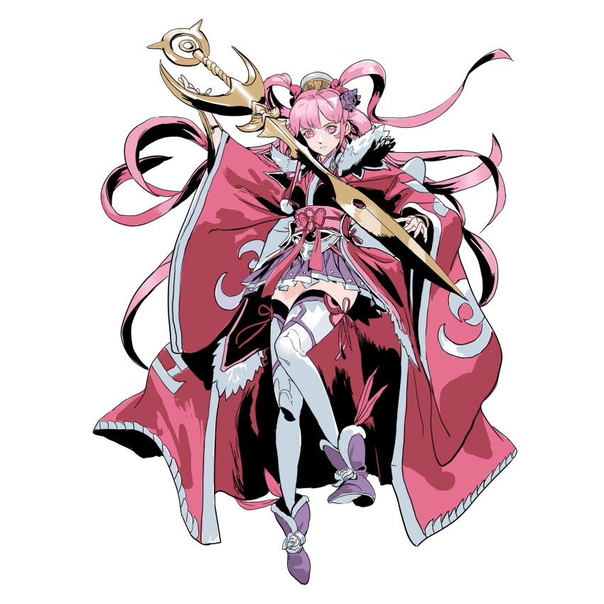 arm_up bracelet closed_mouth dress female flower full_body fur_trim hair_flower hair_ornament highres jewelry leg_up long_hair long_sleeves michaelcty mu_xiaokui_(jade_dancer)_(phantom_blade) mu_xiaokui_(phantom_blade) phantom_blade_(game) pink_dress pink_eyes pink_skirt purple_footwear sash skirt solo sword thighhighs twintails weapon white_background white_thighhighs