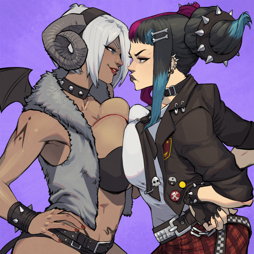 2girls absurdres angel_(kof) asymmetrical_docking belt black_collar black_hair black_jacket black_nails black_necktie blue_hair bone_hair_ornament breast_contest breast_press breasts collar commentary_request confrontation cowboy_shot danusko demon_horns demon_tail demon_wings english_text faceoff fingerless_gloves fur_jacket gloves grin hair_horns hair_ornament hand_on_own_hip highres horns jacket juri_han lip_piercing loose_necktie micro_shorts miniskirt multicolored_hair multiple_girls necktie official_alternate_costume paint_splatter piercing pink_hair plaid_clothes plaid_skirt pleated_skirt pubic_tattoo red_hair rivalry rivals safety_pin school_uniform second-party_source shorts skirt smile sparkle spiked_collar spikes stare_down street_fighter tail tan tattoo the_king_of_fighters white_hair wings yin_yang