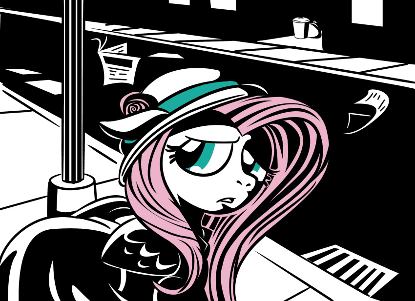 blue_eyes city clothing coat drain equid equine eternal-equilibrium feathered_wings feathers female feral flower fluttershy_(mlp) friendship_is_magic hair hasbro hat headgear headwear hi_res mammal my_little_pony mythological_creature mythological_equine mythology newspaper noir paper pegasus pink_hair plant rose_(flower) sidewalk solo street street_lamp topwear trash_can window wings