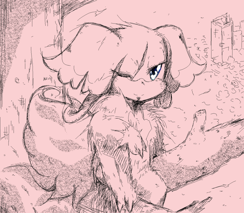 0024yuuki ambiguous_gender audino big_ears blue_eyes fluffy fluffy_tail generation_5_pokemon looking_at_viewer monochrome nintendo one_eye_closed outside pink_background plant pokemon pokemon_(species) simple_background sitting sketch smile solo tail tree wink wood