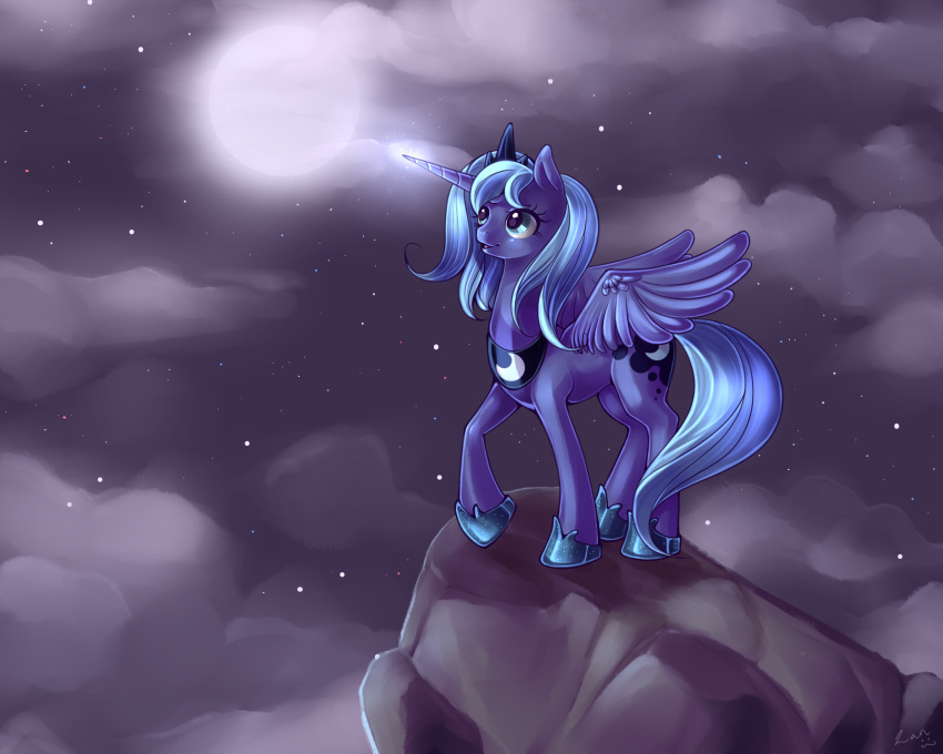 5:4 alicorn blue_body blue_feathers blue_hair cloud cutie_mark equid equine feathered_wings feathers female feral friendship_is_magic full_moon hair hasbro hi_res horn long_hair magic mammal moon my_little_pony mythological_creature mythological_equine mythology night outside princess_luna_(mlp) quadruped rock sky smile solo standing star starry_sky tail wings zanthu