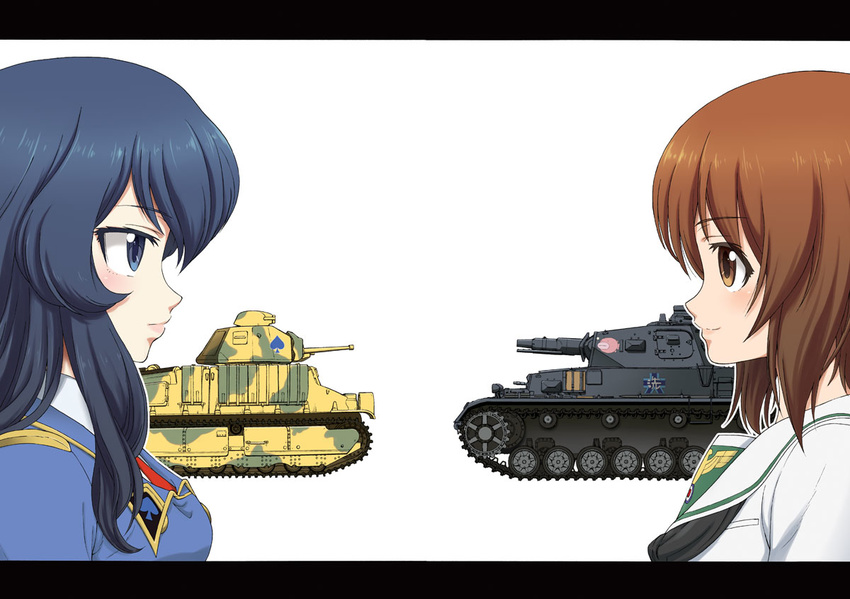 2girls blue_eyes blue_hair blush brown_eyes brown_hair caterpillar_tracks cavalry_tank commentary_request eclair_(girls_und_panzer) girls_und_panzer girls_und_panzer_gekitou!_maginot-sen_desu!! letterboxed lips long_hair looking_at_another maginot_military_uniform military military_uniform military_vehicle motor_vehicle multiple_girls nishizumi_miho ooarai_school_uniform panzer_iv portrait profile s35 saitaniya_ryouichi school_uniform short_hair spade_(shape) tank uniform white_background