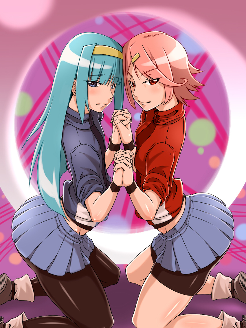 2girls aqua_hair bike_shorts bike_shorts_under_skirt black_leggings black_shorts blue_eyes blue_skirt blush breasts commentary_request flat_chest forehead-to-forehead hair_ornament hairband hairclip heads_together highres hina_(yatagarasu) holding_hands interlocked_fingers jacket kneeling leggings looking_at_viewer midriff miniskirt multiple_girls pantyhose pink_hair pleated_skirt red_eyes shimo_(yatagarasu) shoes short_hair shorts shorts_under_skirt siblings sisters skirt small_breasts smile sneakers track_jacket turtleneck urujika yatagarasu_(game)