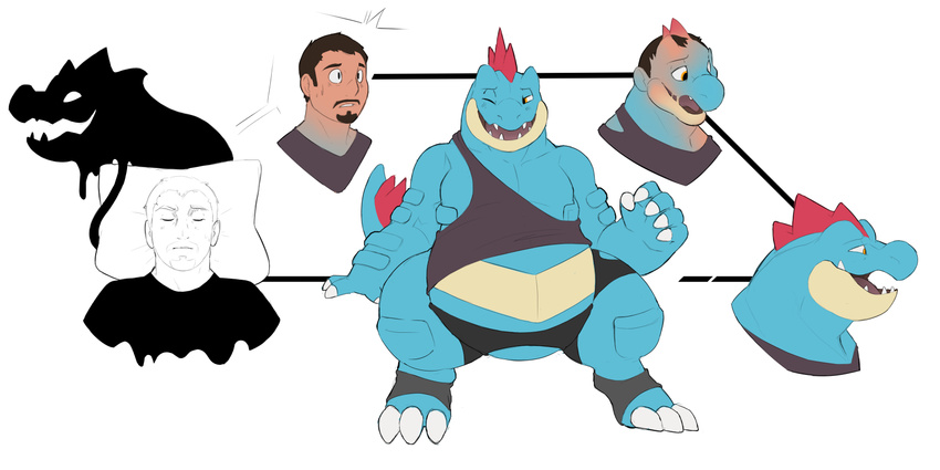 belly big_belly clothed clothing duo feraligatr generation_2_pokemon hi_res human male mammal multiple_images nintendo open_mouth pokemon pokemon_(species) see-saw smile transformation