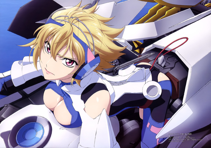 >:( absurdres angelise_ikaruga_misurugi armor ass bare_shoulders bent_over blonde_hair bodysuit breast_rest breasts cable cleavage cleavage_cutout clothing_cutout cockpit copyright_name cross_ange eyelashes female flipped_hair from_above frown full_body glaring hair_between_eyes headgear headphones highres leaning_forward lipstick looking_at_viewer looking_up makeup mecha medium_breasts official_art pink_eyes robot scan serious short_hair solo toida_juri turtleneck v-shaped_eyebrows water