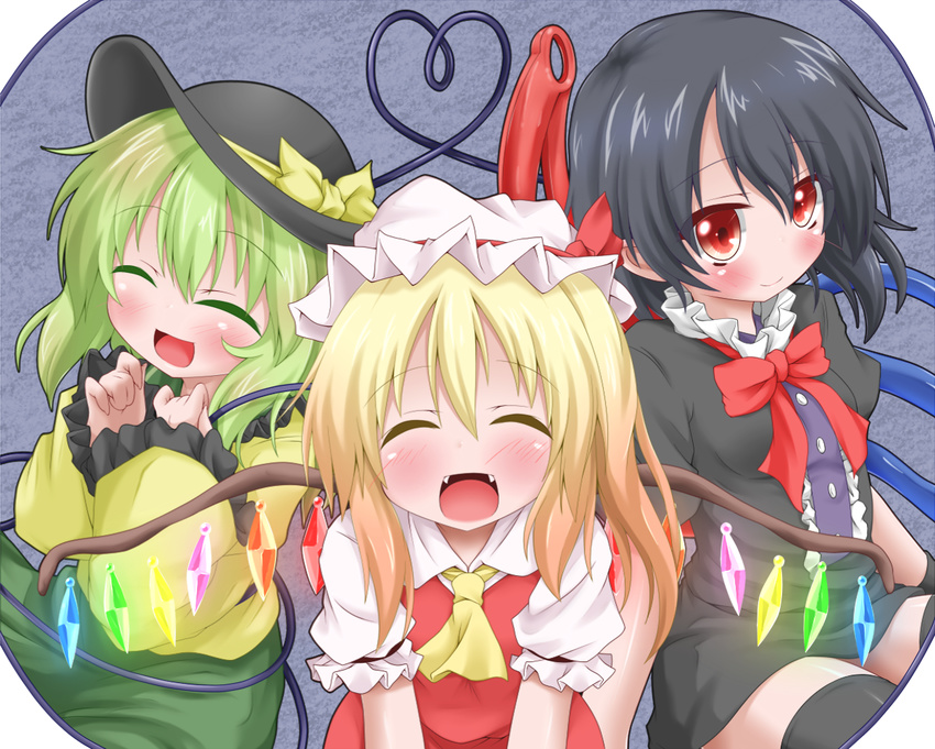 3girls :d ^_^ ascot between_legs black_dress black_hair black_legwear blonde_hair blush closed_eyes commentary_request dress eyebrows fangs flandre_scarlet green_hair hand_between_legs hat houjuu_nue komeiji_koishi long_hair looking_at_viewer mob_cap multiple_girls oden_(th-inaba) open_mouth puffy_short_sleeves puffy_sleeves red_dress shirt short_dress short_hair short_sleeves sitting smile stage_connection thighhighs touhou white_shirt wide_sleeves yellow_shirt zettai_ryouiki