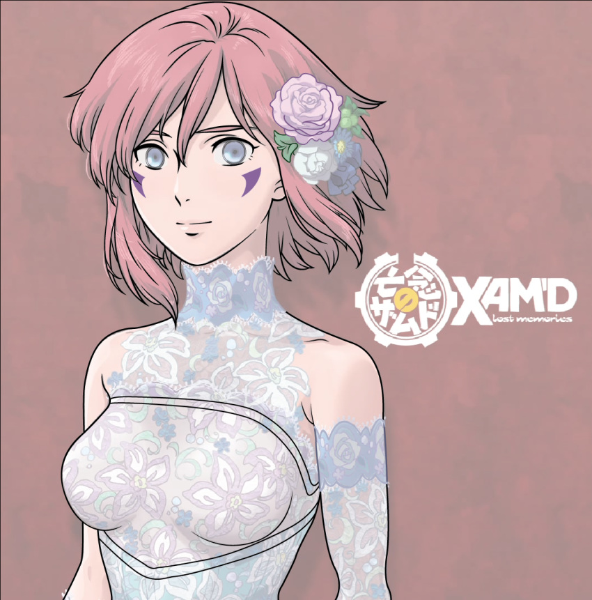 blue_eyes bounen_no_xam'd detached_sleeves dress facial_mark female hair_flower hair_ornament nakiami red_hair short_hair solo vector_trace wedding_dress