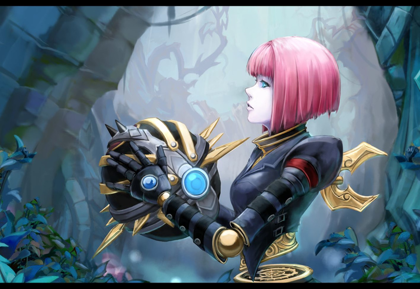 ball bladecraft_orianna blue_eyes commentary_request female gears joints league_of_legends letterboxed orianna_(league_of_legends) painttool_sai_(medium) pale_skin pepsimen pink_hair robot robot_joints short_hair solo spikes winding_key