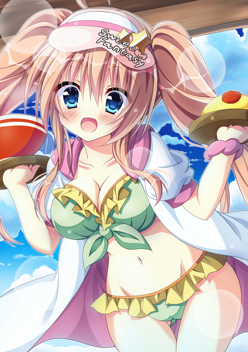 bikini blue_eyes bowl breasts brown_hair cleavage commentary_request female highres jyon1008 large_breasts long_hair moe2016 original solo swimsuit tray twintails visor_cap waitress