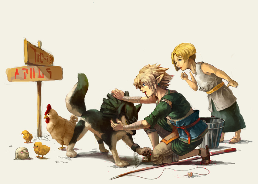 2boys bird blue_eyes chick chicken colin_(zelda) commentary_request cucco dual_persona earrings fishing_rod jewelry link multiple_boys oocca pointy_ears smile the_legend_of_zelda the_legend_of_zelda:_twilight_princess time_paradox wolf wolf_link yayayakai