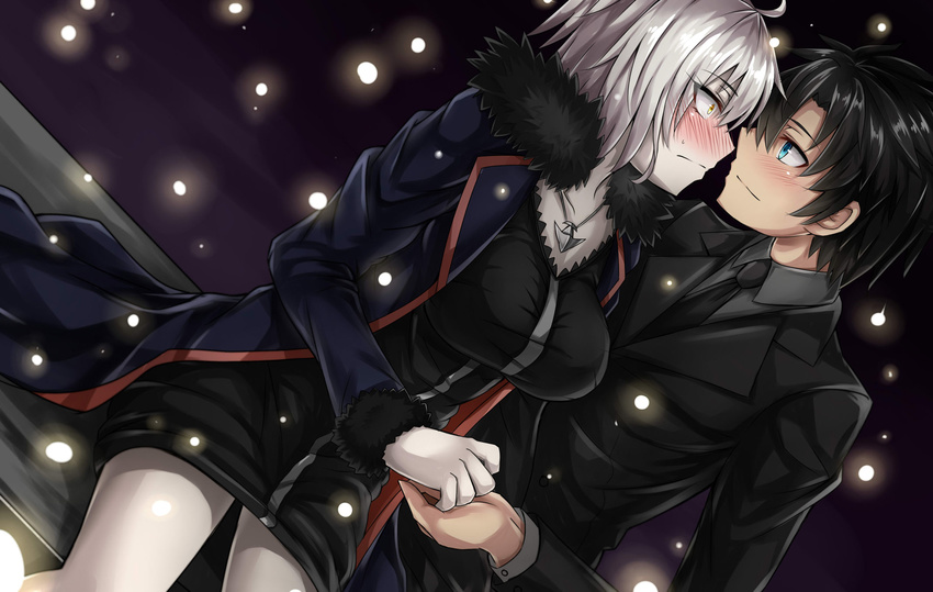 1boy black_hair blue_eyes blush coat commentary_request couple dutch_angle embarrassed eye_contact eyes_visible_through_hair face-to-face fate/grand_order fate_(series) female fujimaru_ritsuka_(male) fujimaru_ritsuka_(male)_(royal_brand) fur_trim grey_hair highres holding_hands jeanne_d'arc_alter_(fate) jeanne_d'arc_alter_(ver._shinjuku_1999)_(fate) jewelry light_smile looking_at_another necktie official_alternate_costume pale_skin pendant profile sanmoto_gorouzaemon short_hair sitting straight sweatdrop winter_clothes yellow_eyes