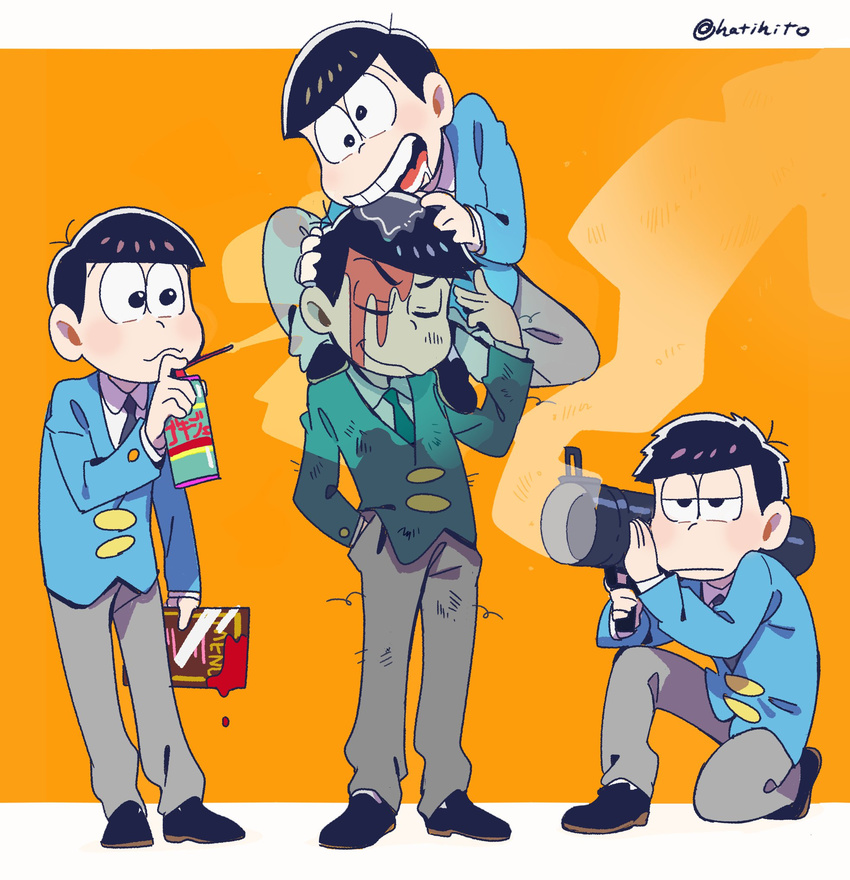 3boys bad_id bad_twitter_id biting black_hair blood blood_on_face brothers bug_spray drooling formal hand_in_pocket highres kneeling male_focus matsuno_ichimatsu matsuno_jyushimatsu matsuno_karamatsu matsuno_todomatsu menu multiple_boys orange_background osomatsu-kun osomatsu-san osomatsu_(series) rocket_launcher saliva siblings simple_background smoke suit twitter_username weapon yai_(hachihito)