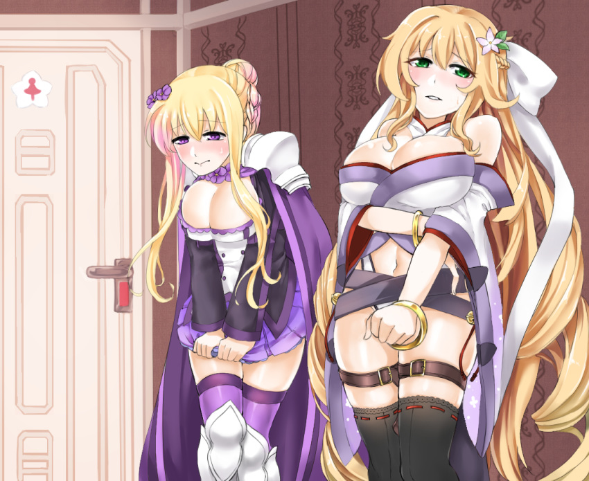 2girls arm_under_breasts armor bad_id bad_pixiv_id bangle bare_shoulders bell black_legwear blonde_hair blush bracelet braid breast_hold breasts bursting_breasts cape cleavage cleavage_cutout clothing_cutout commentary_request detached_collar door drill_hair embarrassed flower flower_knight_girl french_braid green_eyes hair_bun hair_flower hair_ornament half-closed_eyes hand_up have_to_pee huge_breasts indoors jasmine_(flower_knight_girl) jewelry jingle_bell large_breasts long_hair long_sleeves looking_to_the_side monoton_(neoteto) multiple_girls navel own_hands_together pauldrons pleated_skirt purple_cape purple_eyes purple_flower purple_legwear purple_skirt ribbon-trimmed_legwear ribbon_trim saintpaulia_(flower_knight_girl) shirt shoulder_armor single_braid single_hair_bun skindentation skirt skirt_tug standing sweat teeth thigh_strap thighhighs toilet_symbol twin_drills v_arms very_long_hair white_flower